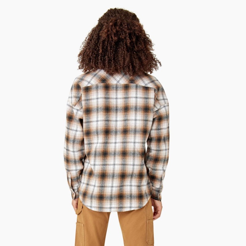 Brown Dickies Long Sleeve Flannel Women's Shirt | 968-LXESYV