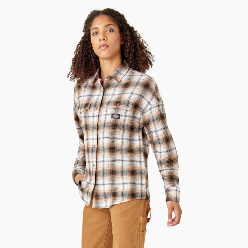 Brown Dickies Long Sleeve Flannel Women's Shirt | 968-LXESYV