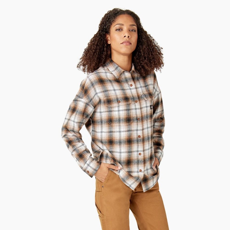 Brown Dickies Long Sleeve Flannel Women's Shirt | 968-LXESYV