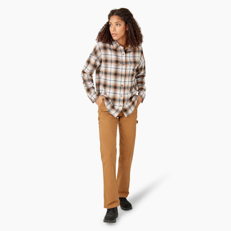 Brown Dickies Long Sleeve Flannel Women's Shirt | 968-LXESYV