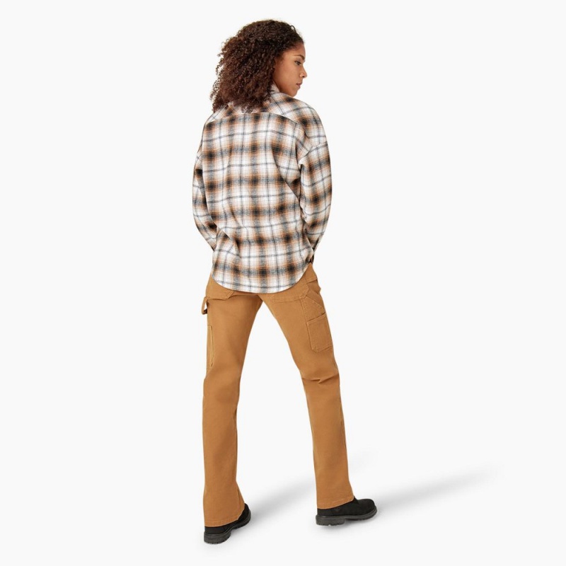 Brown Dickies Long Sleeve Flannel Women's Shirt | 968-LXESYV