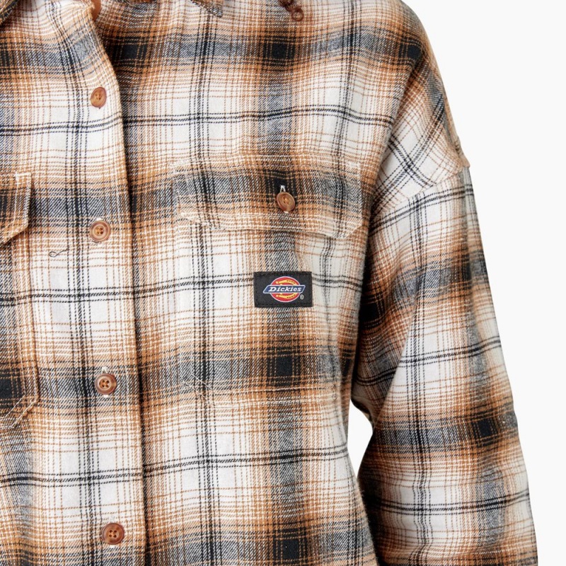 Brown Dickies Long Sleeve Flannel Women's Shirt | 968-LXESYV