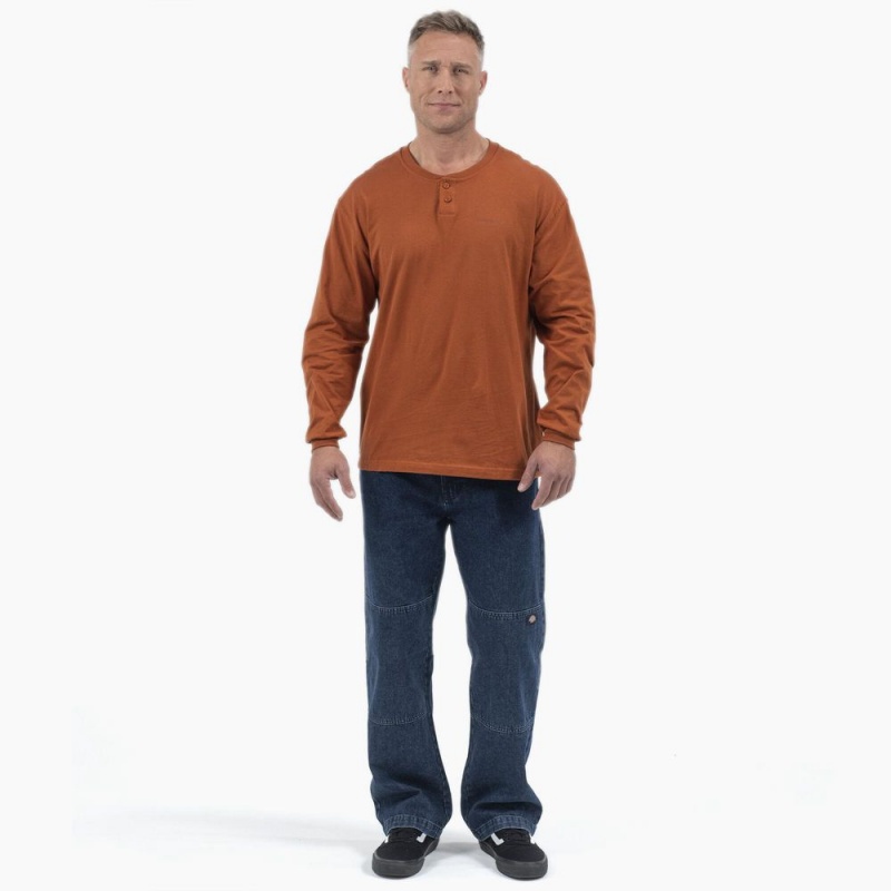 Brown Dickies Long Sleeve Henley Men's T-Shirt | 079-UYNJOG