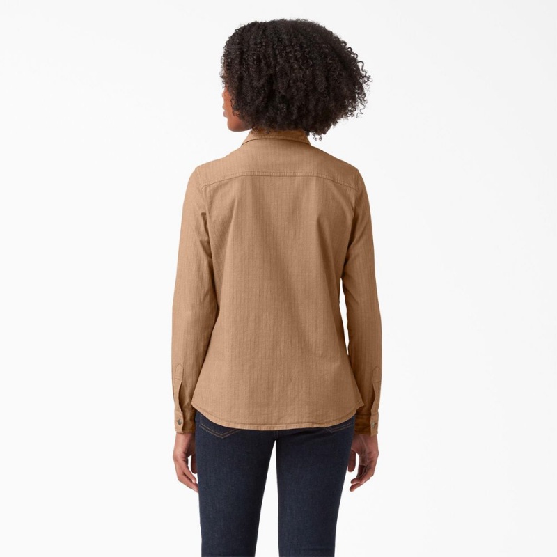 Brown Dickies Long Sleeve Roll-Tab Women's Work Shirts | 097-LENBSG