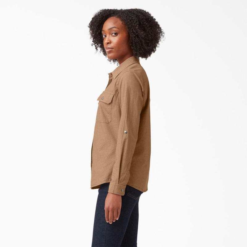 Brown Dickies Long Sleeve Roll-Tab Women's Work Shirts | 097-LENBSG