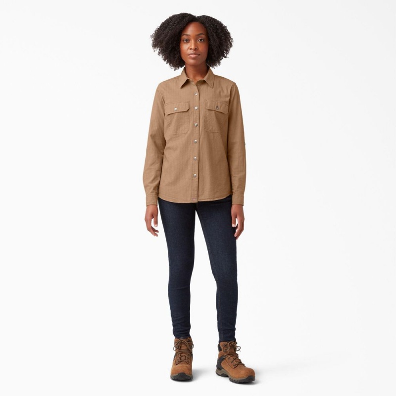 Brown Dickies Long Sleeve Roll-Tab Women's Work Shirts | 097-LENBSG