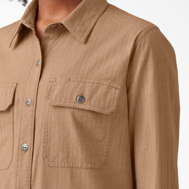 Brown Dickies Long Sleeve Roll-Tab Women's Work Shirts | 097-LENBSG