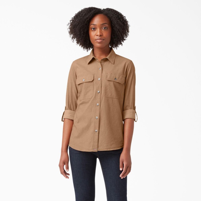 Brown Dickies Long Sleeve Roll-Tab Women\'s Work Shirts | 097-LENBSG