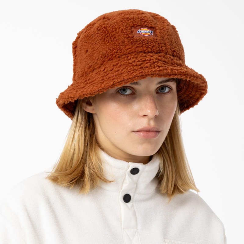 Brown Dickies Red Chute Fleece Bucket Men's Hat | 396-HXAYOS