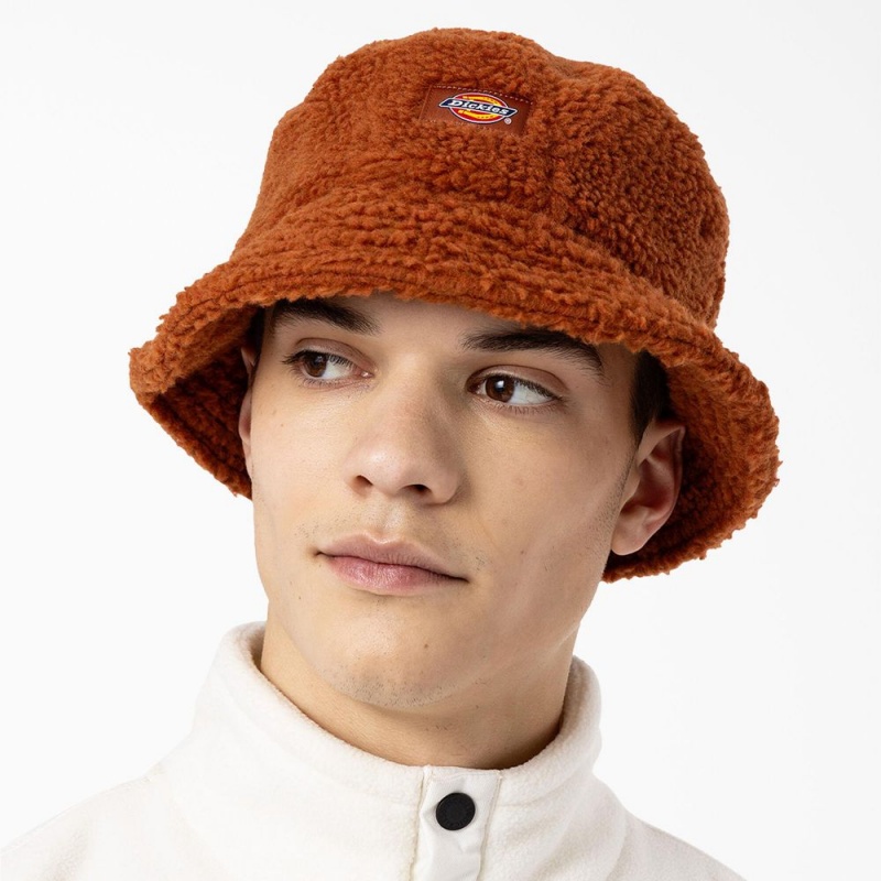 Brown Dickies Red Chute Fleece Bucket Men's Hat | 396-HXAYOS