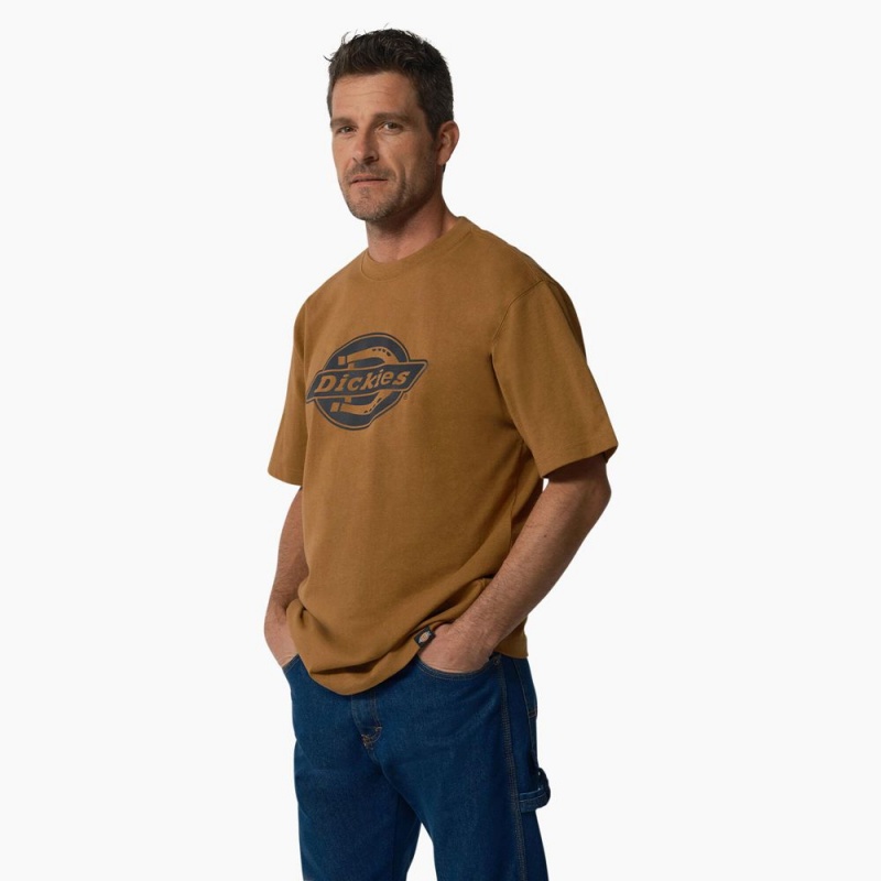 Brown Dickies Short Sleeve Heavyweight Logo Men's T-Shirt | 089-OZQDWB