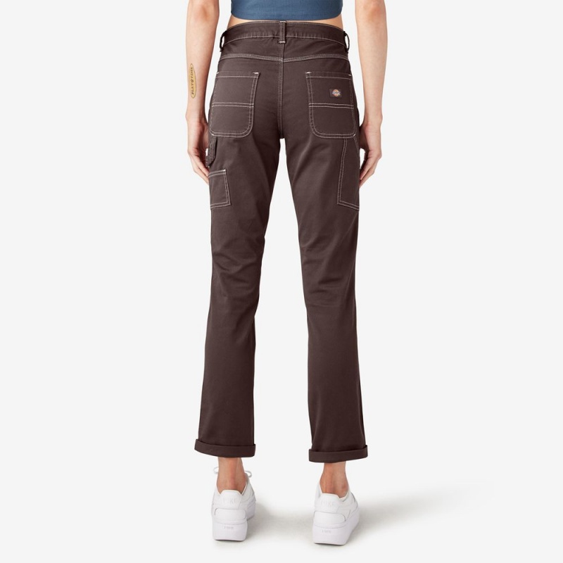 Brown Dickies Slim Straight Fit Roll Hem Carpenter Women's Pants | 309-QXLRHM