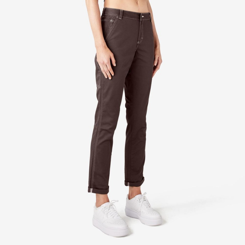 Brown Dickies Slim Straight Fit Roll Hem Carpenter Women's Pants | 309-QXLRHM