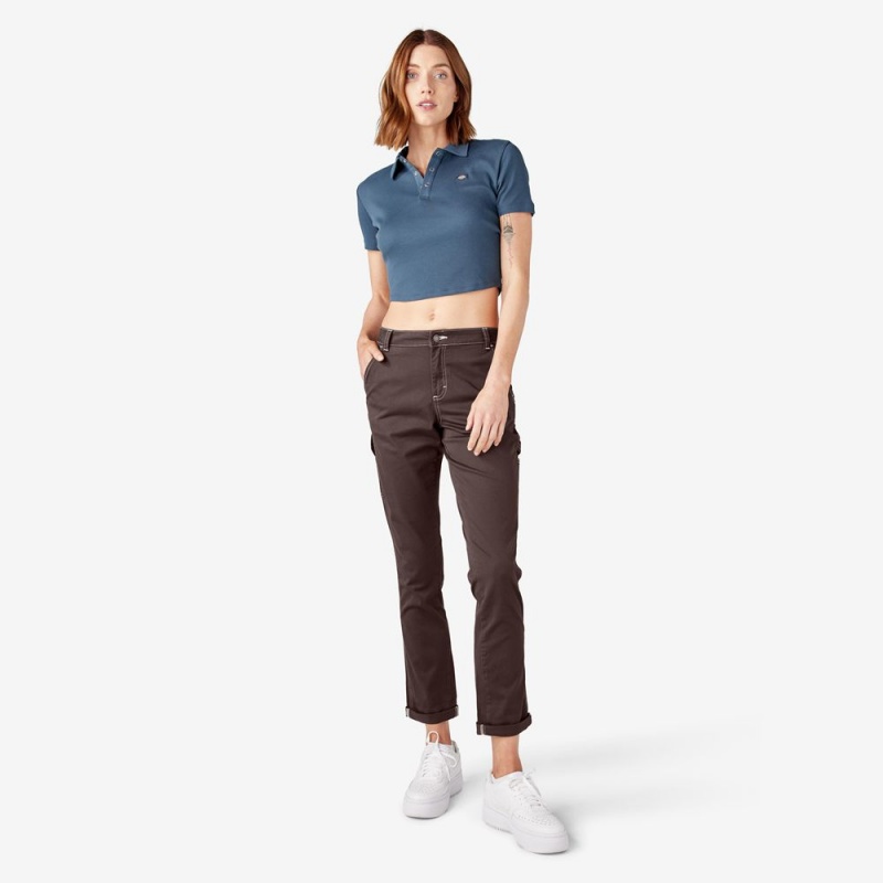 Brown Dickies Slim Straight Fit Roll Hem Carpenter Women's Pants | 309-QXLRHM