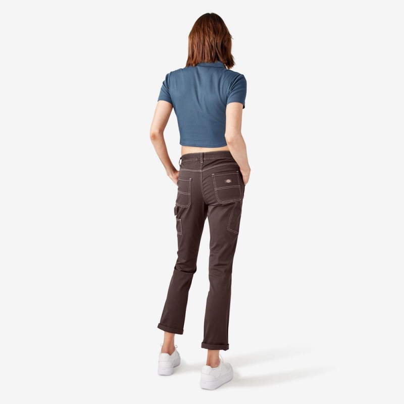 Brown Dickies Slim Straight Fit Roll Hem Carpenter Women's Pants | 309-QXLRHM