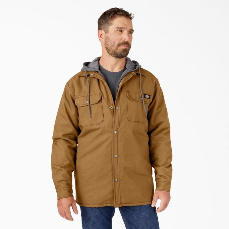 Brown Dickies Water Repellent Duck Hooded Shirt Men\'s Jacket | 405-BECXZJ