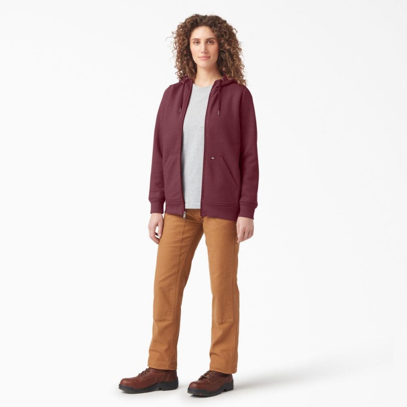 Burgundy Dickies Heavyweight Full-Zip Fleece Women's Hoodie | 973-MALQOZ