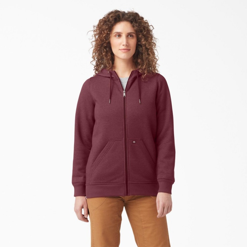 Burgundy Dickies Heavyweight Full-Zip Fleece Women\'s Hoodie | 973-MALQOZ