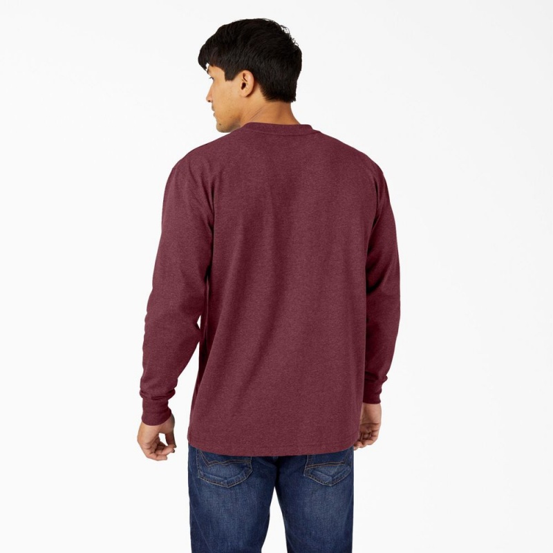 Burgundy Dickies Heavyweight Heathered Long Sleeve Pocket Men's T-Shirt | 480-FVIEKN