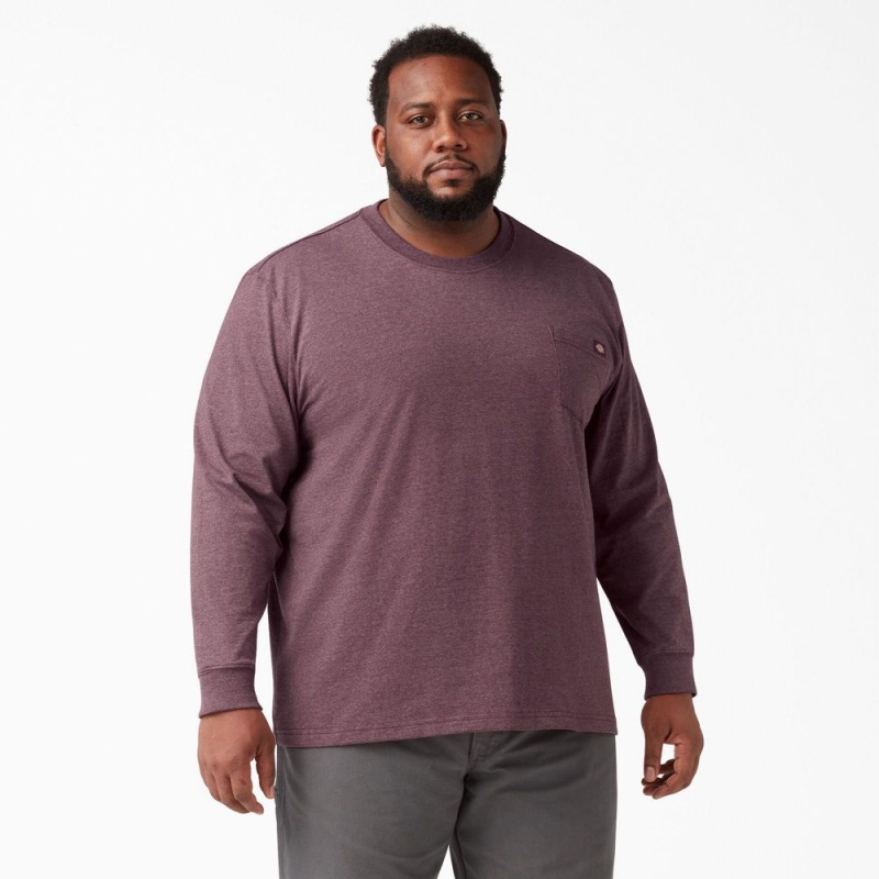 Burgundy Dickies Heavyweight Heathered Long Sleeve Pocket Men's T-Shirt | 480-FVIEKN