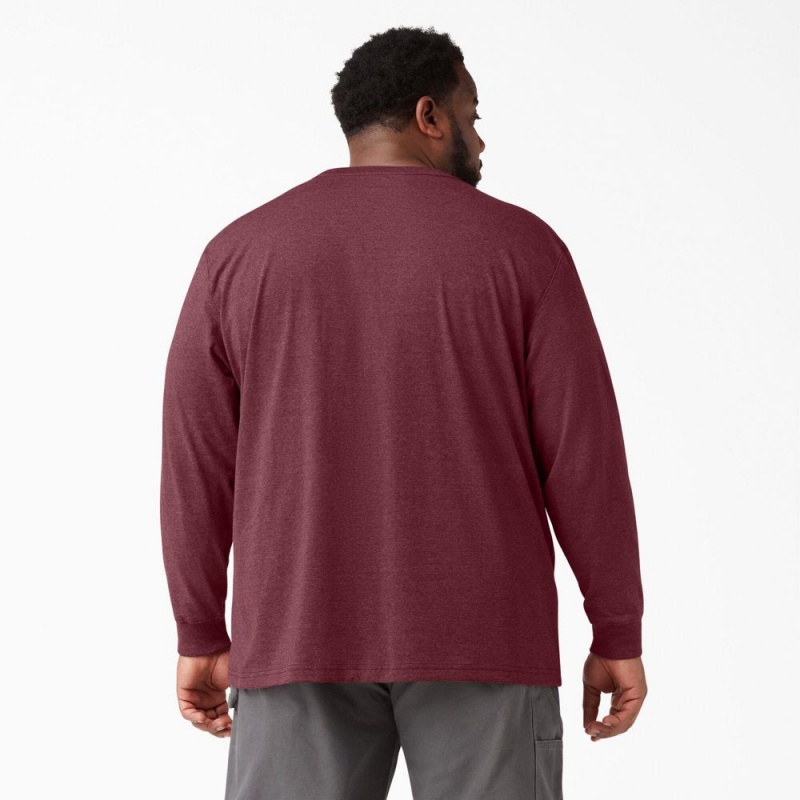 Burgundy Dickies Heavyweight Heathered Long Sleeve Pocket Men's T-Shirt | 480-FVIEKN