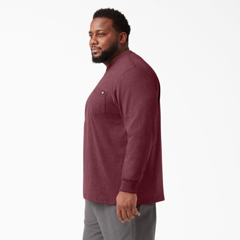 Burgundy Dickies Heavyweight Heathered Long Sleeve Pocket Men's T-Shirt | 480-FVIEKN