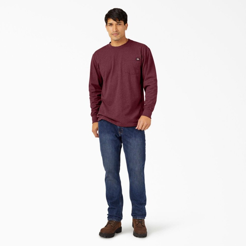 Burgundy Dickies Heavyweight Heathered Long Sleeve Pocket Men's T-Shirt | 480-FVIEKN