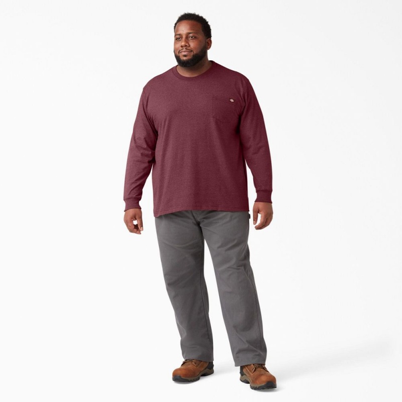 Burgundy Dickies Heavyweight Heathered Long Sleeve Pocket Men's T-Shirt | 480-FVIEKN