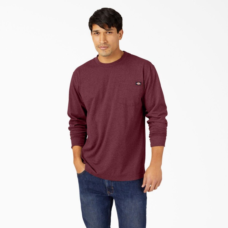 Burgundy Dickies Heavyweight Heathered Long Sleeve Pocket Men\'s T-Shirt | 480-FVIEKN