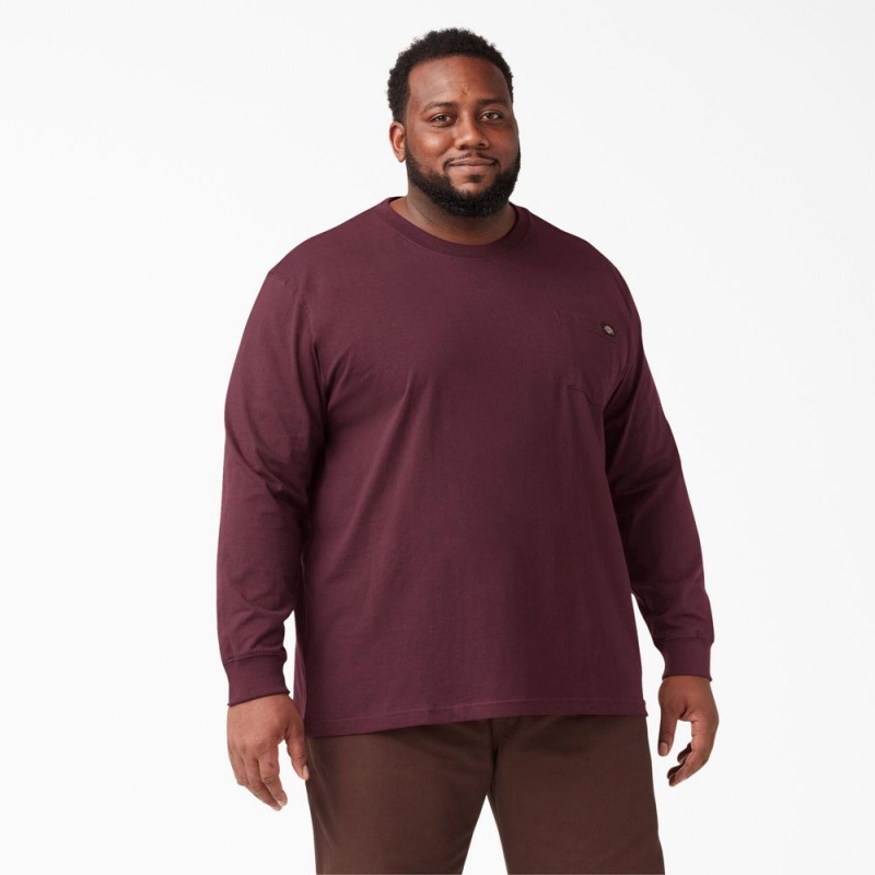 Burgundy Dickies Heavyweight Long Sleeve Pocket Men's T-Shirt | 087-EDYKAG