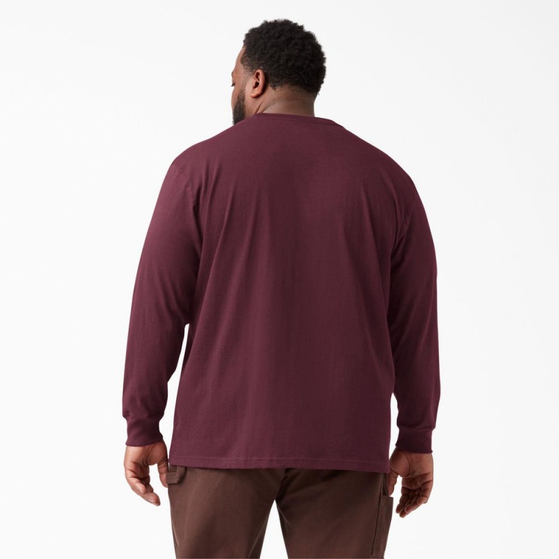 Burgundy Dickies Heavyweight Long Sleeve Pocket Men's T-Shirt | 087-EDYKAG