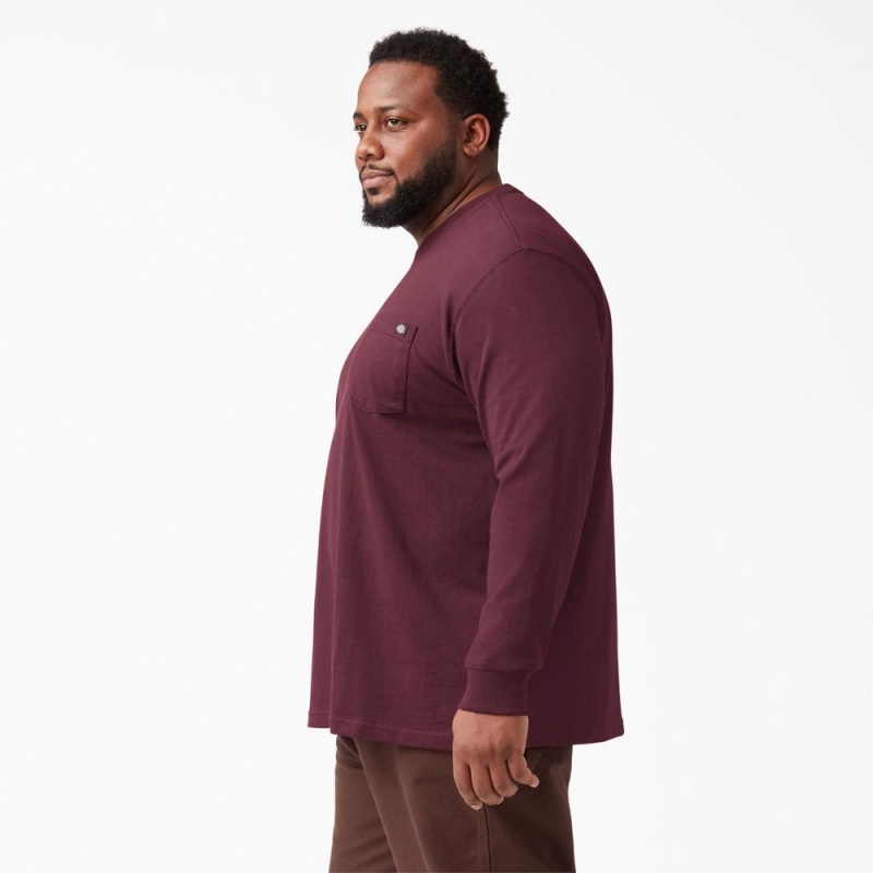 Burgundy Dickies Heavyweight Long Sleeve Pocket Men's T-Shirt | 087-EDYKAG