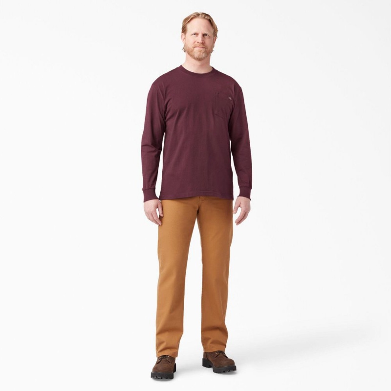 Burgundy Dickies Heavyweight Long Sleeve Pocket Men's T-Shirt | 087-EDYKAG