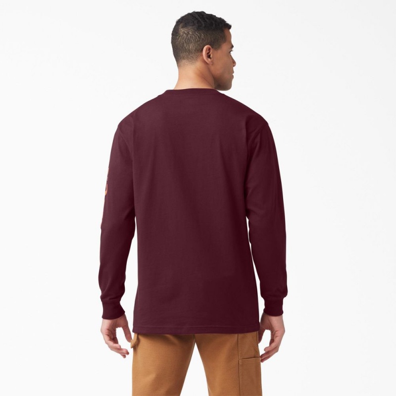 Burgundy Dickies Logo Graphic Long Sleeve Pocket Men's T-Shirt | 419-KUIHVN