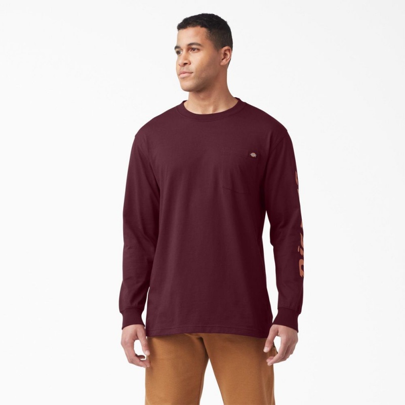 Burgundy Dickies Logo Graphic Long Sleeve Pocket Men\'s T-Shirt | 419-KUIHVN