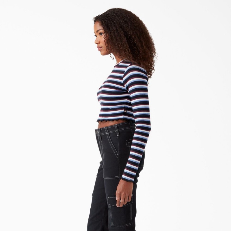 Burgundy Dickies Striped Long Sleeve Cropped Women's T-Shirt | 041-ZYCLRB