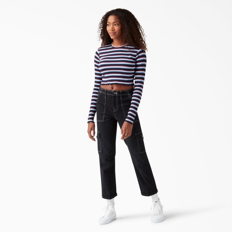 Burgundy Dickies Striped Long Sleeve Cropped Women's T-Shirt | 041-ZYCLRB