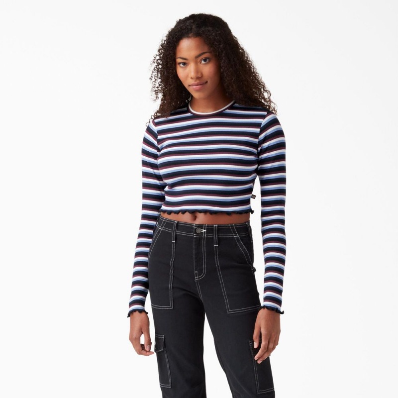 Burgundy Dickies Striped Long Sleeve Cropped Women\'s T-Shirt | 041-ZYCLRB