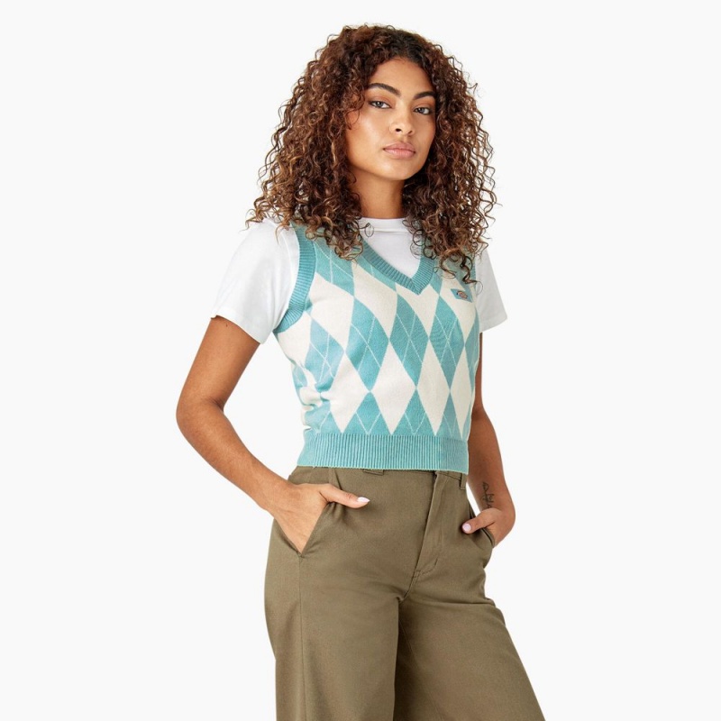 Green Dickies Argyle Sweater Women's Vest | 769-XWLNAZ