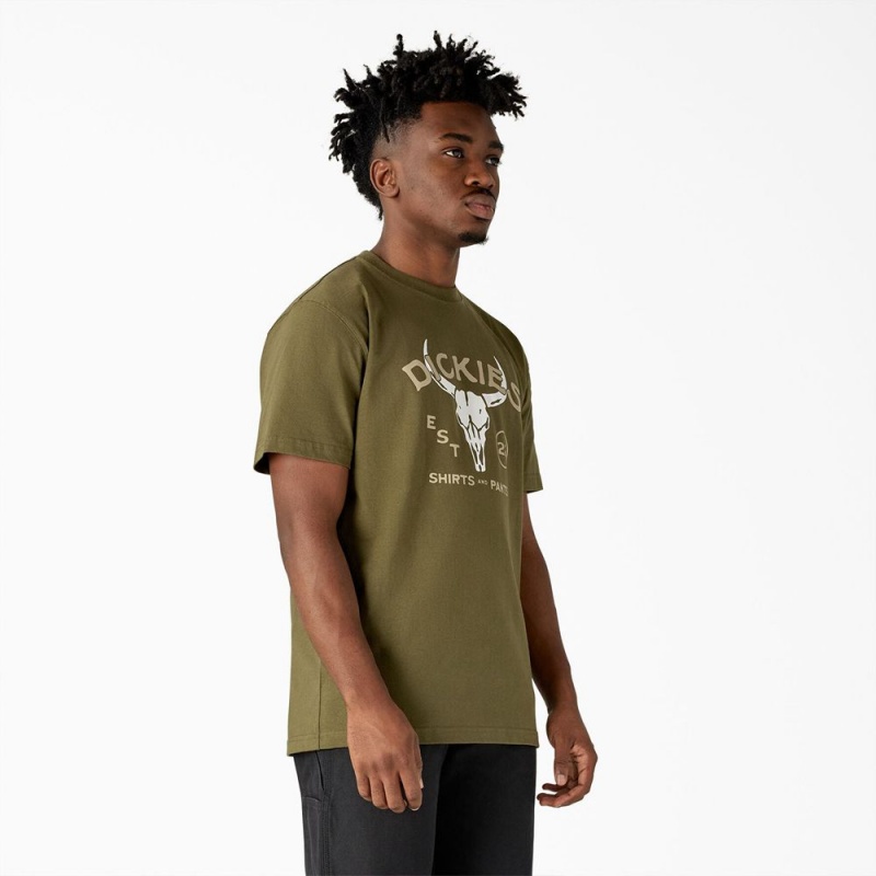 Green Dickies Bull Skull Heavyweight Women's T-Shirt | 692-QXHUIM