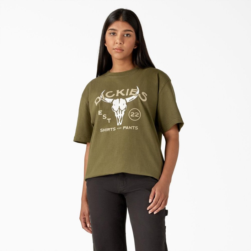 Green Dickies Bull Skull Heavyweight Women's T-Shirt | 692-QXHUIM