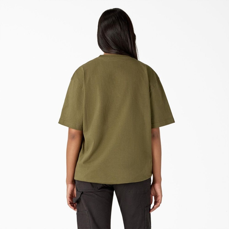 Green Dickies Bull Skull Heavyweight Women's T-Shirt | 692-QXHUIM