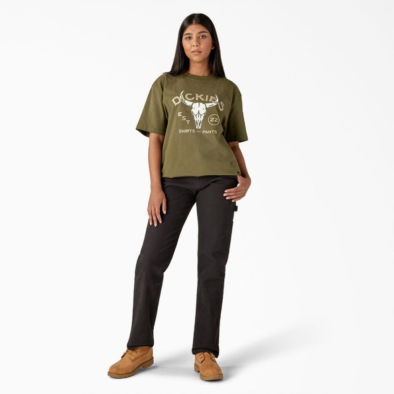 Green Dickies Bull Skull Heavyweight Women's T-Shirt | 692-QXHUIM