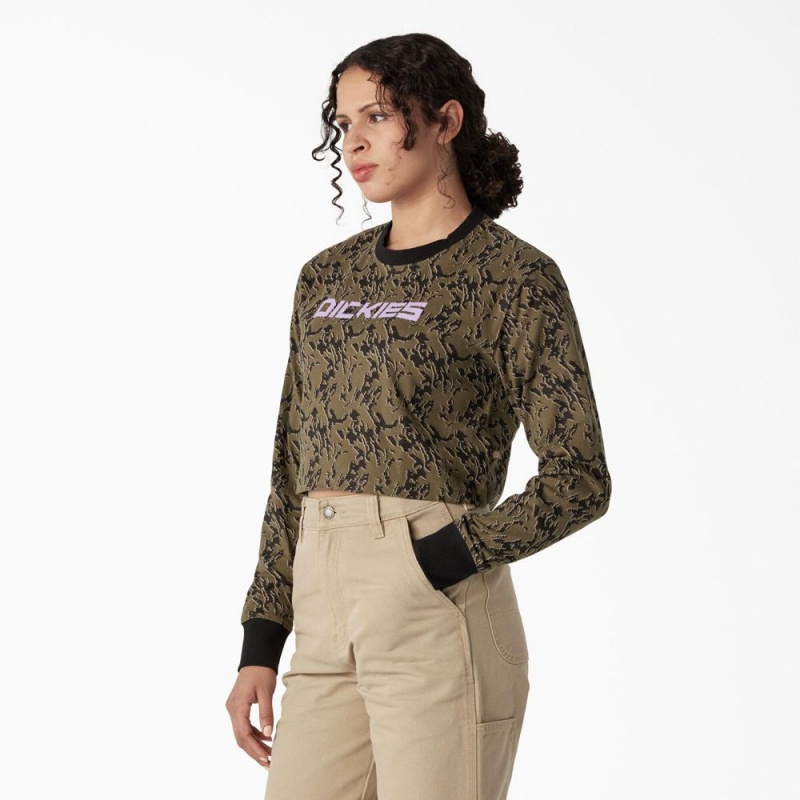 Green Dickies Camo Long Sleeve Cropped Women's T-Shirt | 065-EWPGYZ