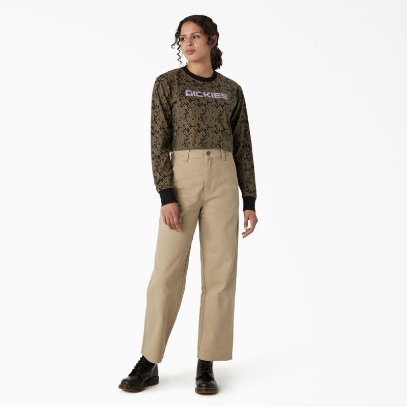 Green Dickies Camo Long Sleeve Cropped Women's T-Shirt | 065-EWPGYZ