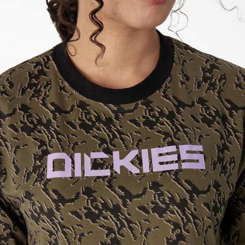 Green Dickies Camo Long Sleeve Cropped Women's T-Shirt | 065-EWPGYZ