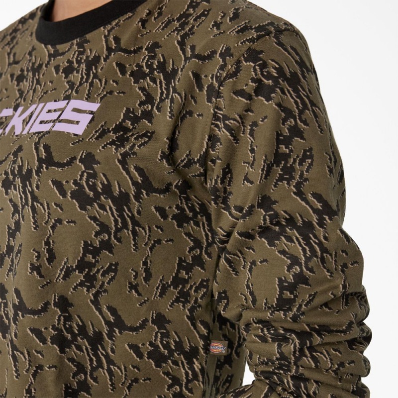 Green Dickies Camo Long Sleeve Cropped Women's T-Shirt | 065-EWPGYZ