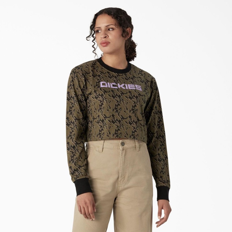 Green Dickies Camo Long Sleeve Cropped Women\'s T-Shirt | 065-EWPGYZ