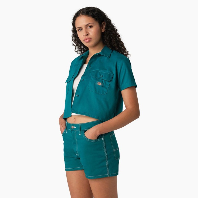 Green Dickies Cropped Women's Work Shirts | 965-LKNDGO