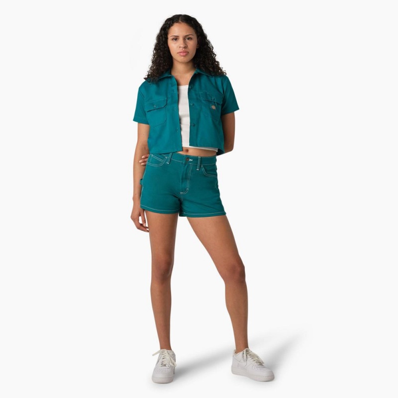 Green Dickies Cropped Women's Work Shirts | 965-LKNDGO